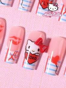 SANRIO 24片中号方形白蓝条纹法式美甲贴片，带有可爱的3D红色蝴蝶结、爱心、心形气球和嘴唇图案，情人节风格，完美贴合的假指甲套装，包含1片果冻胶和1个指甲锉，适合女性和女孩日常及派对使用。 - 查看 4