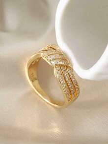 1pc Minimalist Vintage Woven Knot Design Gold-Plated Ring With Cubic Zirconia, Suitable For Wedding, Engagement, Daily Wear, Gift For Girlfriend, Family, Ramadan Celebration, Eid Al-Fitr Gift - Knot - View 3