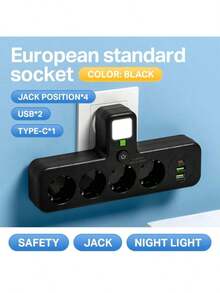 Ổ cắm điện đa năng 8 trong 1 chuẩn EU với 4 ổ cắm AC, 2 cổng USB và 1 cổng Type-C để sạc nhiều thiết bị cùng lúc - Lý tưởng cho gia đình, văn phòng, du lịch và học tập. - Phích cắm loại EU E (220-240V) - Xem 13