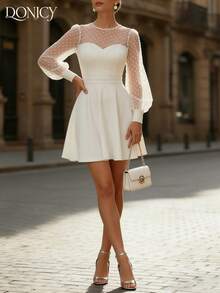 DONICY 女士白色波点网纱泡泡袖A字连衣裙，短裙，优雅风格，适合春夏、情人节、狂欢节等场合 - 白色 - 查看 8