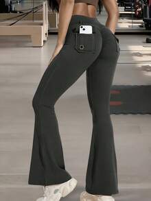 Women's High Elastic Pleated Waist Slim Fit Flare Pants, Comfortable Casual Yoga Sports Trousers, Minimalist Design, Autumn - Black - View 3