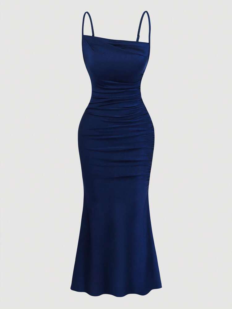 Đầm nữ màu trơn thanh lịch dáng đuôi cá xẻ cao, thích hợp đi biển/dự tiệc, mùa hè. - Xanh đậm - Xem 2