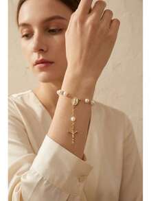 "Cute Faux Pearl Rosary Bracelet With Cross & Virgin Mary Charm - Dainty Religious Spiritual Jewelry For Women Daily Wear" - Pearl - View 13