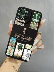 1pc Fashion Creative Stamp Building Patchwork 2D Printed Phone Case, TPU Material Anti-Fall, Waterproof, Compatible With Apple - Black - View 1