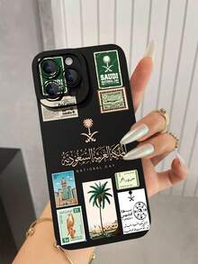 1pc Fashion Creative Stamp Building Patchwork 2D Printed Phone Case, TPU Material Anti-Fall, Waterproof, Compatible With Apple - Black - View 2