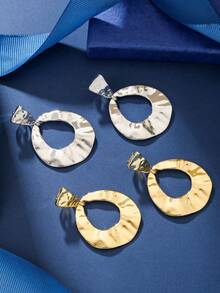 1Pair Retro Geometric Asymmetrical Clip On Earrings Round Hollow Metal Smooth Pendant Ear Clips For Women Party Jewelry Gifts - Clip - View 8