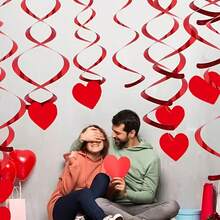 12pcs Heart Spiral Hanging Decorations, Suitable For Wedding Anniversary, Valentine's Day Surprise Party, Ceiling Decor, Romantic Atmosphere Props, High-Quality Scene Embellishment - Red - View 1