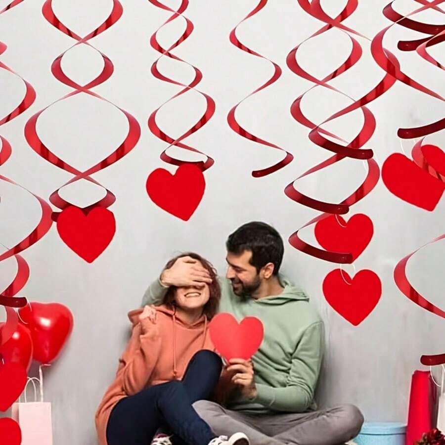 12pcs Heart Spiral Hanging Decorations, Suitable For Wedding Anniversary, Valentine's Day Surprise Party, Ceiling Decor, Romantic Atmosphere Props, High-Quality Scene Embellishment - Red - View 1