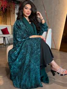 Modest Floral Print Abaya With Headscarf, Middle Eastern Women Clothing - Green - View 4