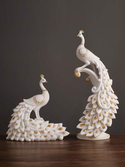Easegen Home 1pc 24cm/40cm Hand-Painted Resin Decor, Elegant White & Gold Peacock Sculpture Ornament, Suitable For Home Living Room Shelf Decoration, Luxury Housewarming Wedding Gift
