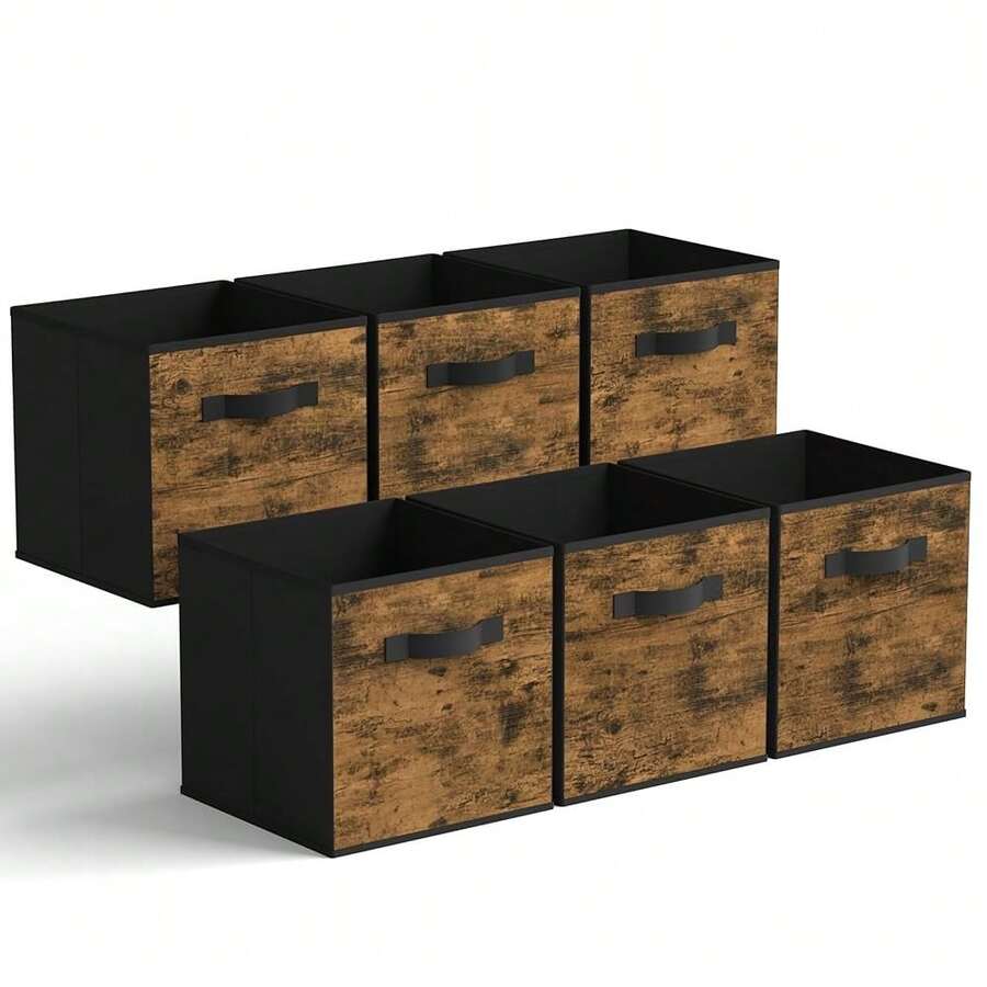 Cube Storage Bins, Cube Storage Organizer With Handles, Foldable Storage Cubes, Cubby Bins, Wood Print Storage Bins, Fit Cube Storage Unit, Rustic Brown, 13 Inch 6-Pack - 鄉村棕色-6件裝 - 查看 1
