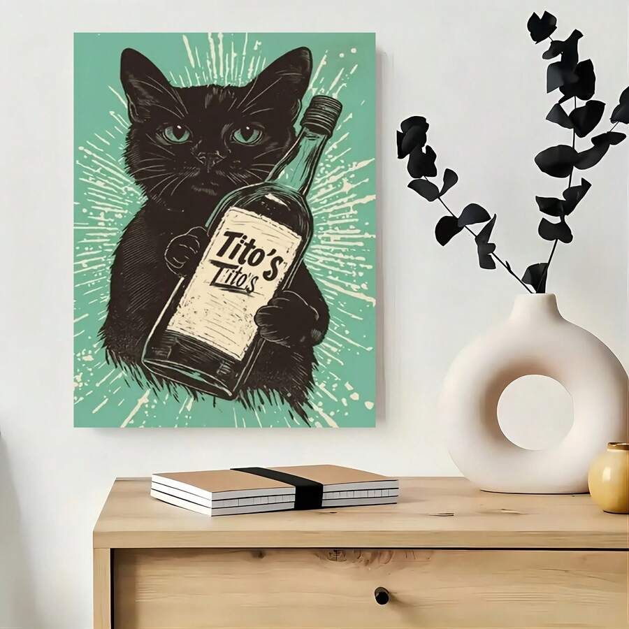 Framed Poster 1pc Minimalist Black Cat With Tito'S Vodka Bottle Wall Art - Retro Comic Style Poster For Living Room, Bedroom, Home Office - Indoor & Outdoor Decor, Framed Plastic Print, Cat Decor - Framed - View 1