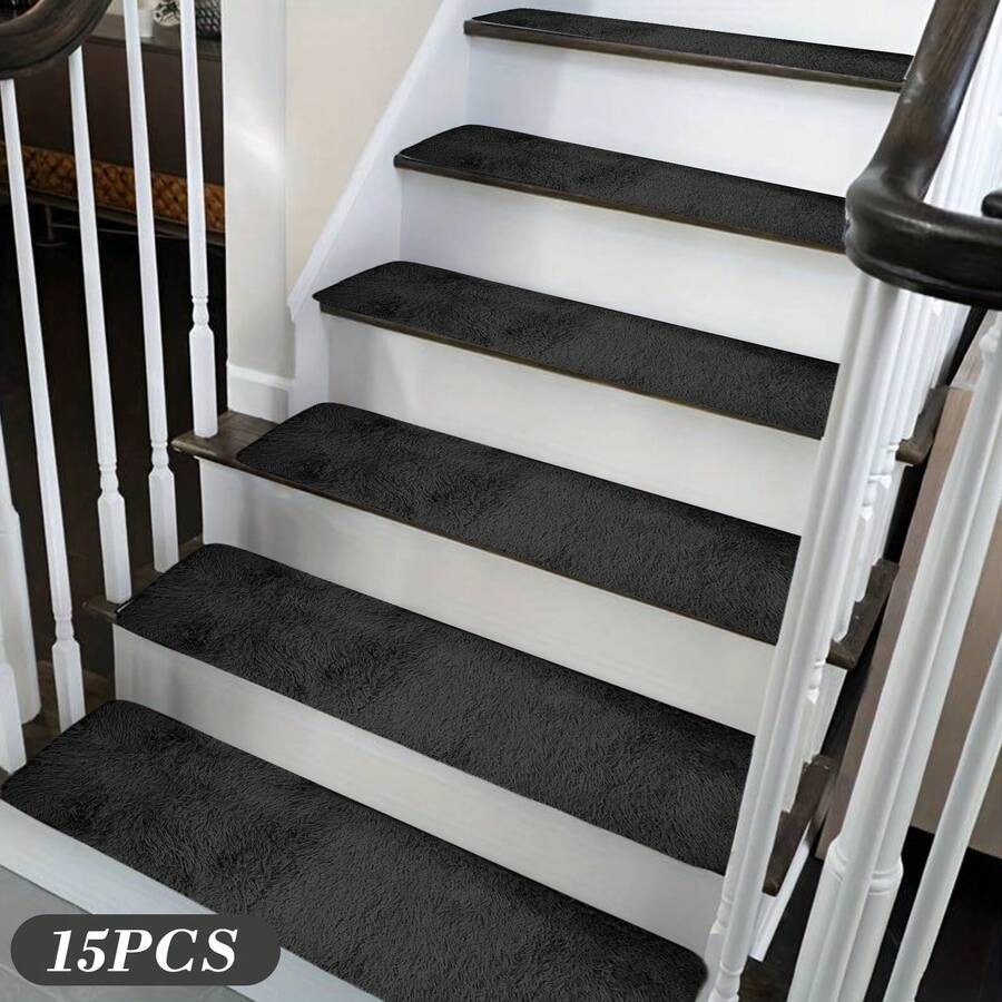 15PCS Extra Long Plush Stair Treads, 7.8x29.5 Inch, 3-Layer Soft Carpet Runner With Laboratory-Tested Strong Grip Backing, Non-Slip Indoor Stair Mats For Wooden & Tile Stairs, Washable Home Safety Upgrade For Families, Easy Trim To Fit, Pet-Friendly & Durable - màu đen - Xem 1