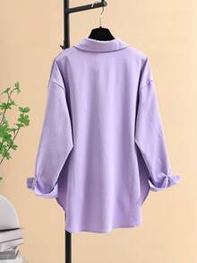 Minimalist Lapel Long Sleeve Loose Women's Shacket, Featuring Shirt Collar And Asymmetric Hem Design Spring - Light Purple - View 2