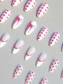 24pcs Medium Almond-Shaped Minimalist Bowknot Pink White False Nails, Adding A Romantic Touch To Your Manicure, Suitable For Valentine's Day, Mother's Day, Parties, Dates, And Daily Wear - Baby Pink - View 5