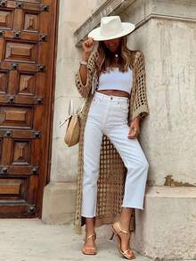 Women's Solid Color Hollow Long Cardigan, Suitable For Vacation Outfits - Brown - View 2