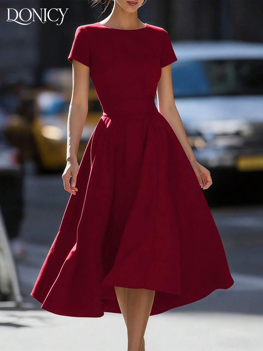 DONICY Đầm midi xòe ngắn tay cổ tròn màu đỏ tía dành cho nữ, kiểu dáng thời trang thanh lịch mùa xuân/hè, thích hợp cho buổi hẹn hò ngày Valentine, dự đám cưới, tiệc tùng, lễ hội. - Màu Đỏ Sâu - Xem 1