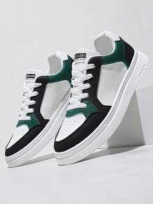 Men's Casual Lace Up Sneakers, White Green Black Skate Shoes With Chunky Sole, Everyday Walking Shoes - Best Gift For Guys, Skateboard Style Footwear - 白綠 - 查看 5