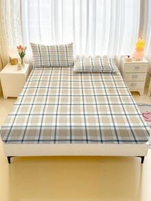 1pc Plaid Fitted Sheet, Minimalist Plaid Fitted Sheet - Multicolor - View 1