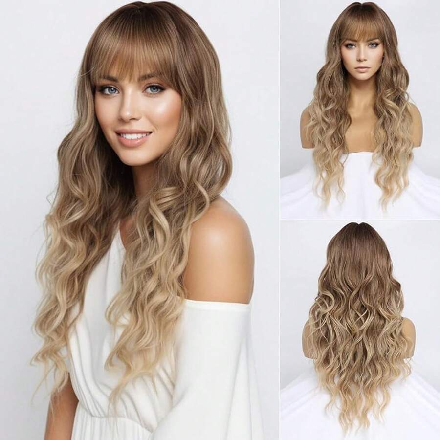 Wellenförmige lange Ombre blonde Perücke mit für Frauen, dunkle Wurzeln, lange Locken, blonde Damenperücken mit und dunklen Wurzeln für den Alltag und Partys, lange wellige schmutzige blonde Perücke (66) - Ombré-Blond - Übersicht 1