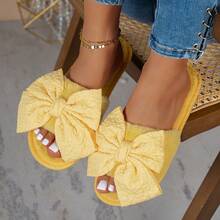 Women's Bowknot Pleated Fabric Slippers, Fashion Casual Home Wear, Autumn/Winter - Yellow - View 3
