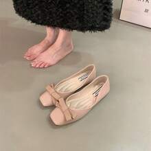 2025 Primavera Nuevos Elegantes Mocasines de Punta Cuadrada Pequeña con Lazo para Viajeros Versátiles Suela Suave Superficie Suave Boca Poco Profunda Zapatos Individuales - Negro - Ver 1