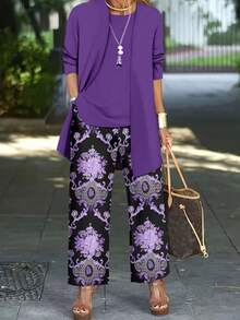 Plus Size Women's Fashionable Printed 3 Pieces Set Spring Elegant - Purple - View 1