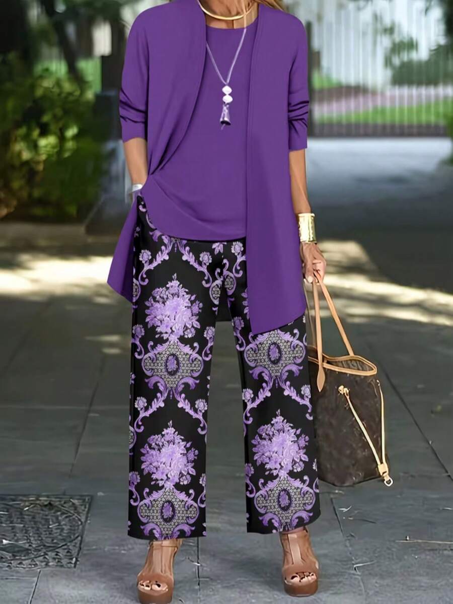 Plus Size Women's Fashionable Printed 3 Pieces Set Spring Elegant - Purple - View 1