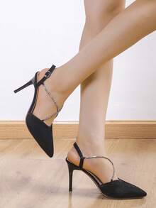 Silver Rhinestone Decor Pointed Toe Ankle Strap Sexy High Heel Sandals, Elegant French Style Open Toe Stilettos For Spring & Summer, Run Small By Half Size - Black - View 5