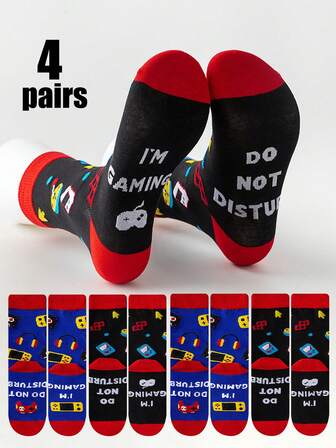 4 Pairs Racing Car Patterned Socks - Novelty Gift For Car Enthusiasts - Knitted Racing Car Design Fun Socks, Crazy Happy Mid-Calf Socks