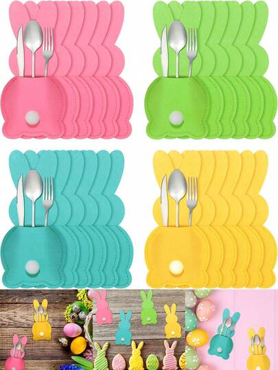 4pcs Easter Bunny Cutlery Holder Bags, Easter Bunny Tableware Storage Bags, Holiday Party Table Decor Set, Suitable For Table Decoration, Wedding, Birthday Party