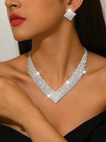 1 Set Bridal V-Neck Jewelry Set | Fully Rhinestone Embellished | Lightweight Copper Chain | Wedding Reception Accessories (Suitable For Valentine's Day) - Silver - View 4