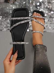 Giày sandal quai ngang đính pha lê thời trang nữ, thích hợp cho hẹn hò, mua sắm, tụ họp, tiệc tùng, đi làm và công sở. - màu đen - Xem 1