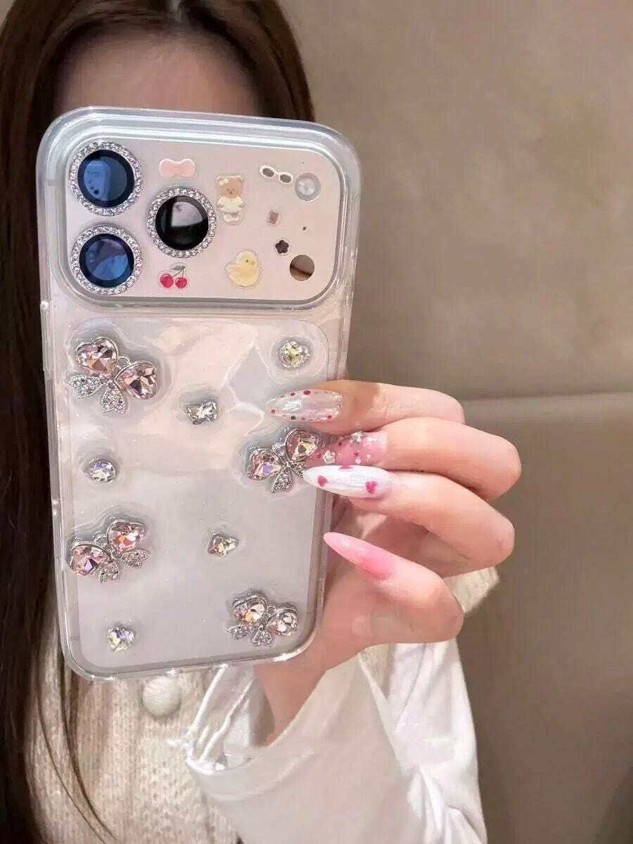 奢华闪亮蝴蝶心形水钻保护壳，兼容 17 Pro Max、16 Pro、15 - 無色 - 查看 1