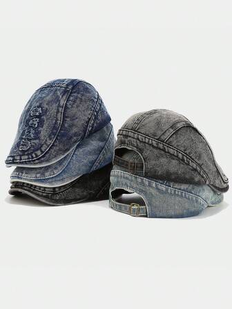 Vintage tvättad bokstäverbroderad denim tidningsboykeps, unisex retro baskerhatt, streetwear (små färgvariationer på grund av tvätt är normalt)