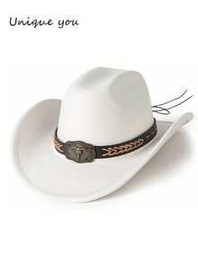 Unisex Western Cowboy Hat, Retro Style With Woven Leather Belt And Classic Silver Bull Head Decor, Suitable For Weddings, Festivals, Western Cowboy Parties And Bars - Top Hat - View 12