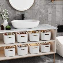 8 paquete de contenedores de almacenamiento blancos con tapas para estantes, contenedores de almacenamiento blancos con tapas para organizar, caja de almacenamiento con asa, cubeta de plástico apilable blanca para el aula, manualidades, aperitivos - Blanco - Ver 6