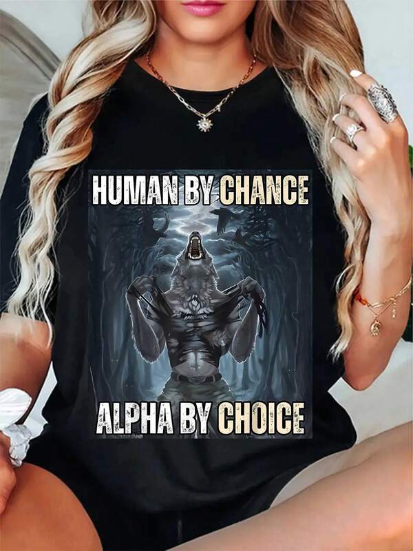 100% Cotton Human By Chance Alpha By Choice Cool Funny Alpha Wolf Meme T-Shirt Women's Men's Graphic Tee Crew Neck Classic Fashion Summer Vacation Tops