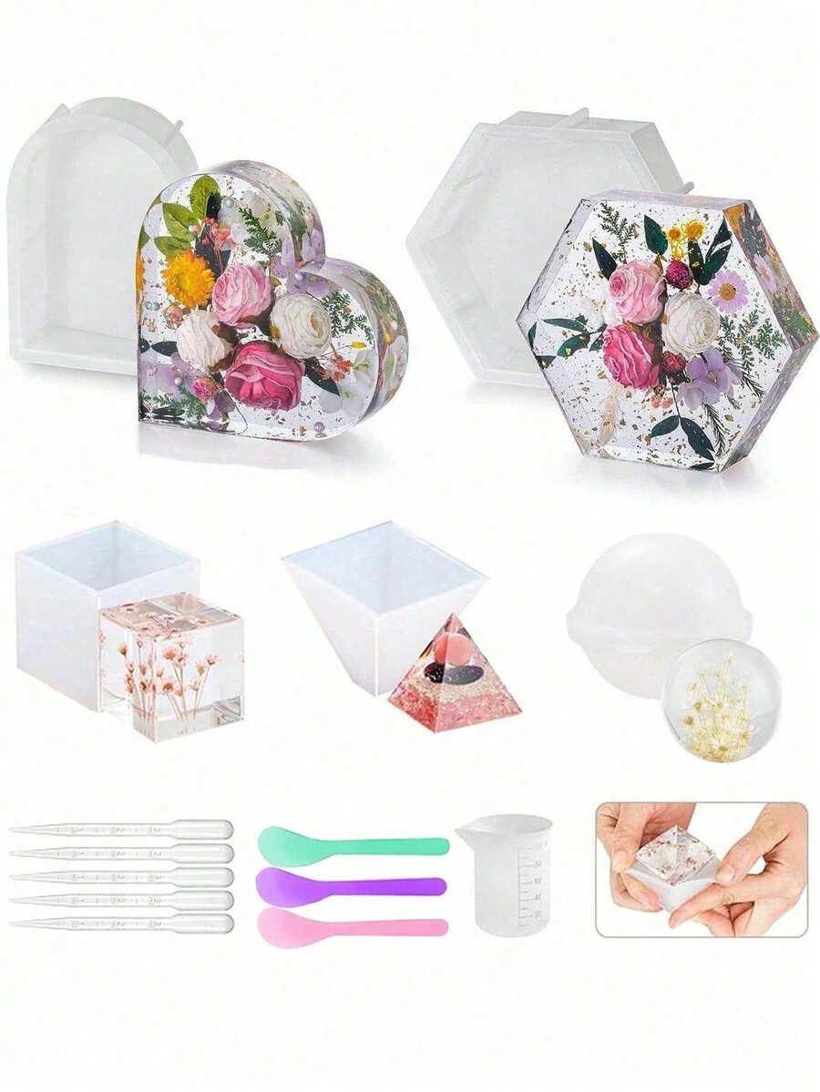 Resin Molds Silicone Kit Large Epoxy Resin Mold For Flowers Preservation Home Deco DIY Art, Silicone Molds Including Square, Heart, Sphere, Pyramid, Cube And Tools - Silicone Mold - View 1