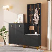 Wardrobe Set With Shoe Bench And Cushion, Wardrobe Front With Hooks, Shoe Cabinet With Drawers And Doors - 黑色 - 查看 7