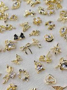 30pcs/50pcs 3D Golden Nail Art Decorations, Suitable For Acrylic Nails, Mixed Styles, Rhinestone Nail Jewelry, Metallic Nail Pearls, Shiny Zirconia Nail Diamonds, Alloy Nail Art Accessories, Pearl Nail Gems, Cute Nail Design Charms - White - View 7