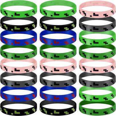 24个像素硅胶腕带，像素主题派对礼品，适合像素主题生日派对