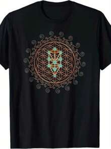 Camiseta de Hombre de Edición Limitada con Patrón de Geometría Sagrada - Diseño de Oro y Mandala, Camiseta Cómoda de Manga Corta y Cuello Redondo, Adecuada para Uso Diario y Deportivo - Negro - Ver 6