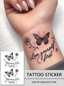 1张可水洗彩色蝴蝶临时纹身贴纸，可贴于手腕/锁骨，蝴蝶图案，印有“先爱自己”字样，适合时尚人士日常佩戴。