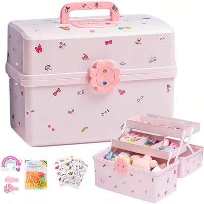 Hair Accessory Organizer For Girls - 3-Tier Multilayer Storage Box With Lock For Headbands, Clips, Ties
