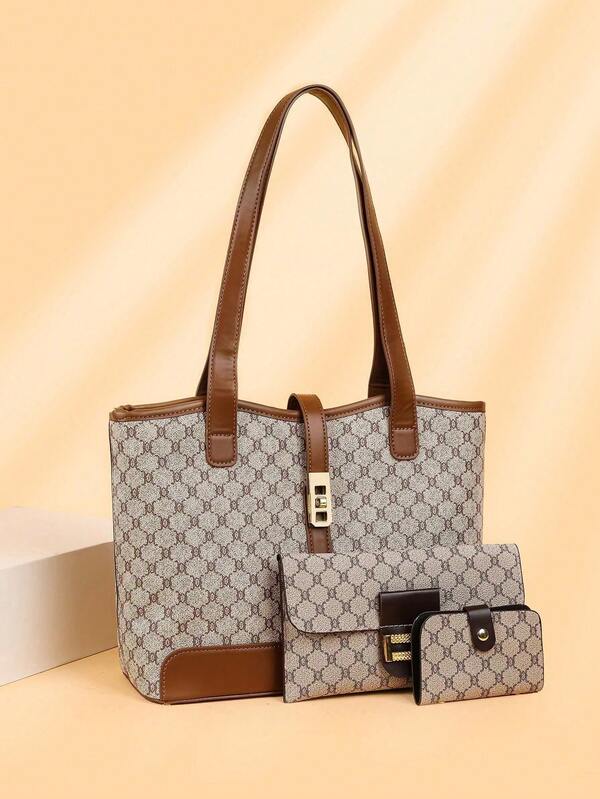 Conjunto De 3 Peças: Bolsa De Mão, Bolsa De Ombro E Bolsa Tote Com Zíper Em Pu Xadrez Multicolorido. Bolsa Elegante Para Mulheres De Meia-Idade, Com Grande Capacidade E Versátil Para Uso Diário.
