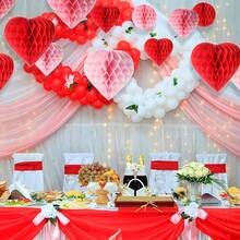 16pcs Honeycomb Ball & Pom Pom Decoration Set, Red & Pink Color, Includes Red Honeycomb Balls, Paper Heart Ornaments, Suitable For Wedding, Valentine's Day, Engagement, Bridal Shower, Birthday Party Decor - Pink - View 6