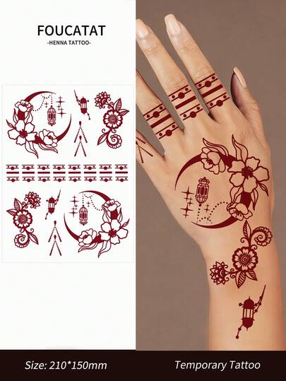 1张月亮图案临时纹身贴纸，可用于手部和身体，防水酒红色海娜纹身贴纸，女士适用，花朵图案假纹身，节日人体彩绘