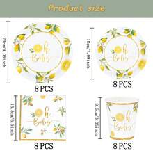 7/9英寸柠檬图案一次性派对餐盘套装，包含一次性纸盘、纸杯和餐巾纸，适用于婚礼、订婚、生日、婚宴等场合。 - 彩色 - 查看 6