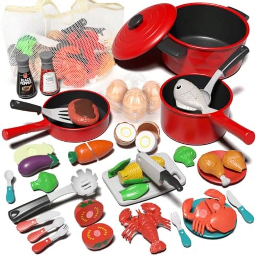 JCH-Lehoo Castle Juego de Accesorios de Cocina Juego de Ollas y Sartenes para Cocina Infantil Juego de Comida para Niños Juego de Cocina para Niños con Utensilios Comida de Juguete para Niños - como en la foto - Ver 1